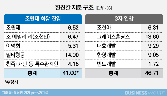 조현아 조현민 조원태 반도건설 KCGI 한진그룹 경영권 지분율 3자연합